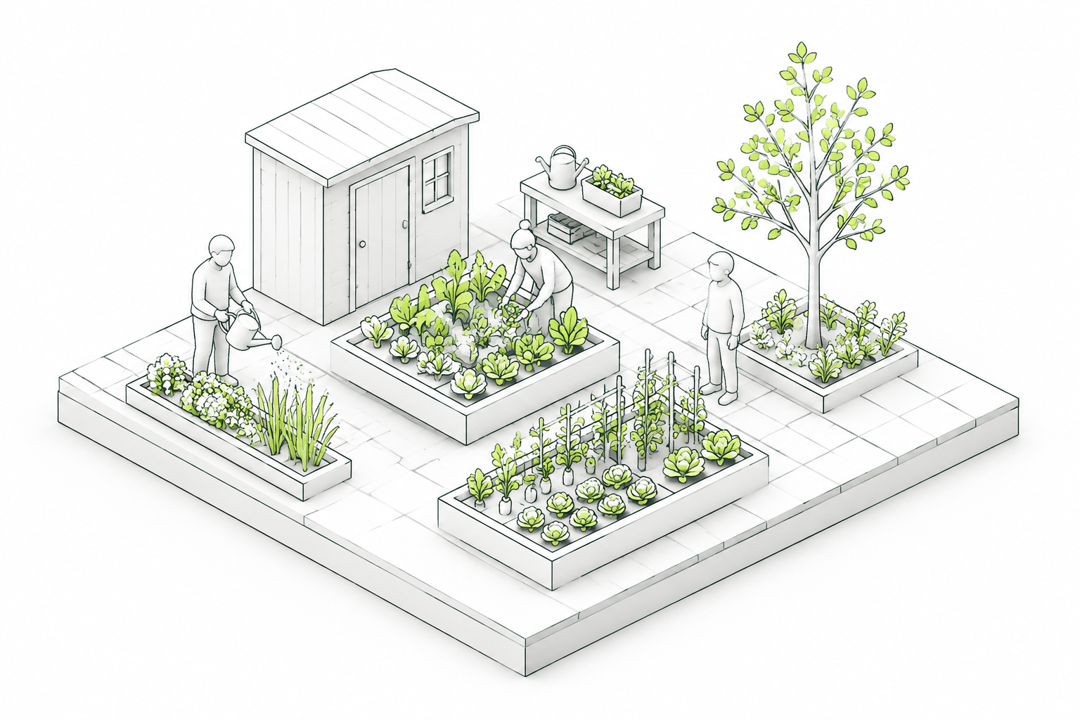 Jardin partagé en volume, voisins, potager, abri et outils.