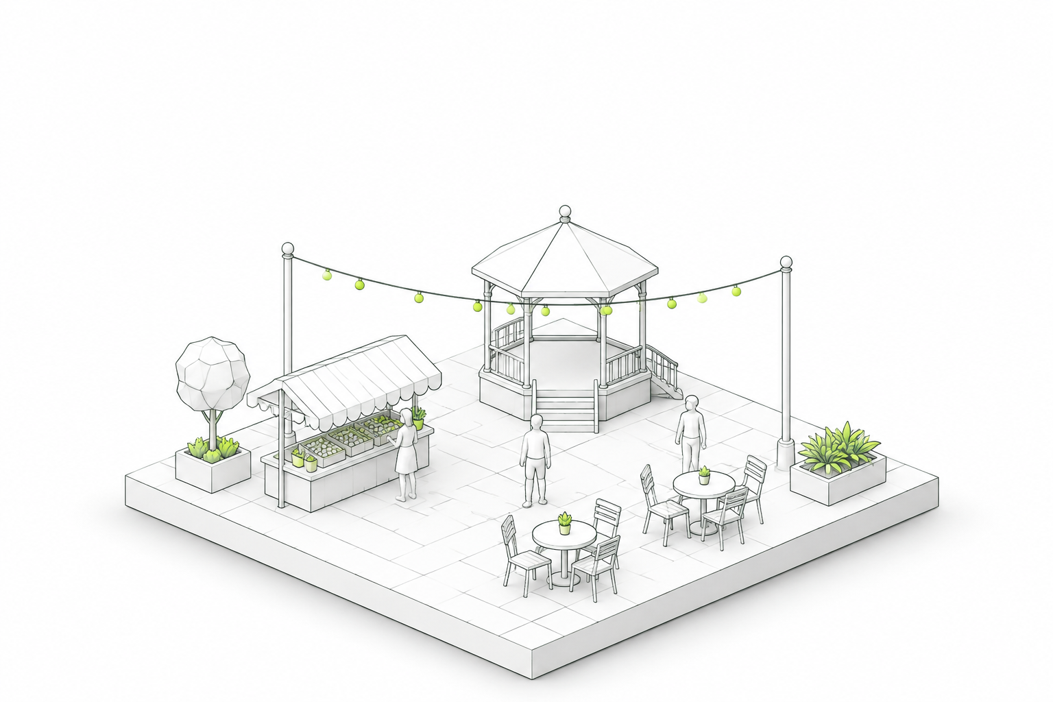 Place en volume avec kiosque, marché, tables et habitants, prête pour la fête.